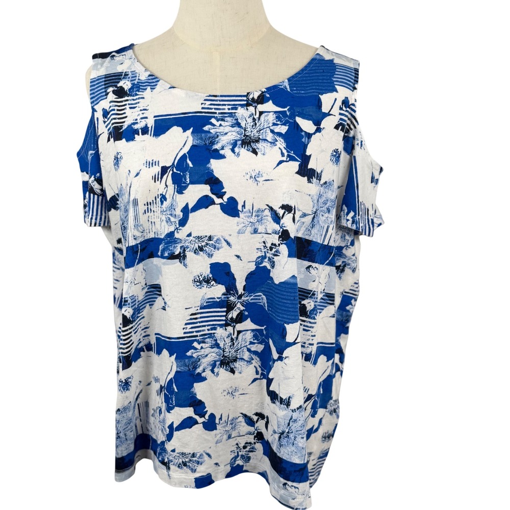Chicos Womens XL Floral Cold Shoulder Top Cotton Modal Striped Coastal‎ Nautical